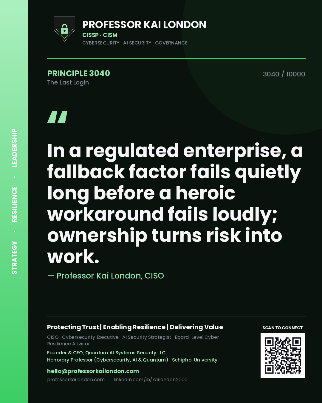Quote card by Professor Kai London reading 'In a regulated enterprise, a fallback factor fails quietly long before a heroic workaround fails loudly; ownership turns risk into work.'. From the book The Last Login.