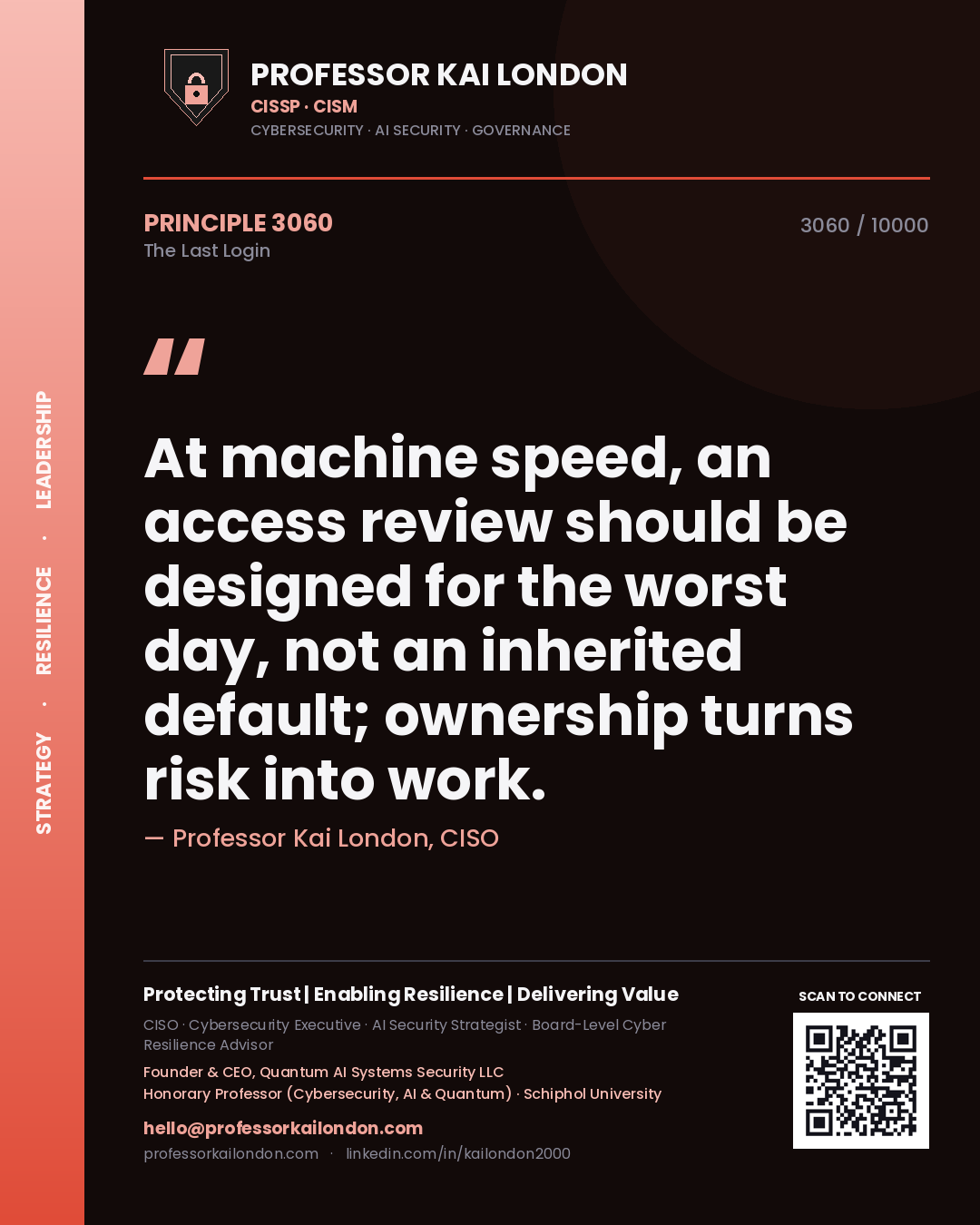 Quote card by Professor Kai London reading 'At machine speed, an access review should be designed for the worst day, not an inherited default; ownership turns risk into work.'. From the book The Last Login.