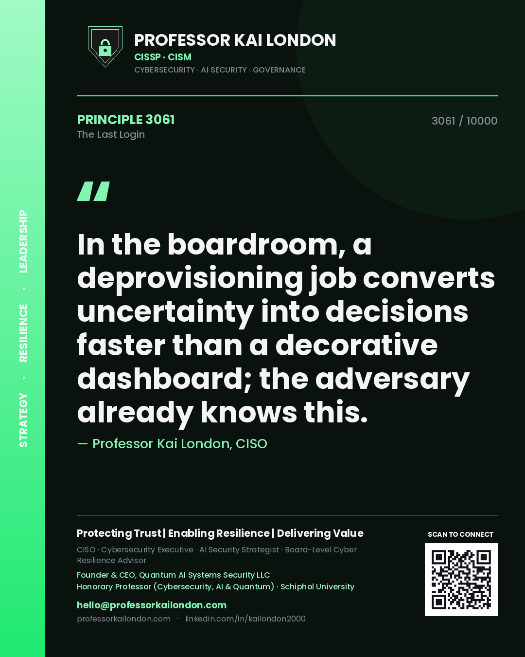 Quote card by Professor Kai London reading 'In the boardroom, a deprovisioning job converts uncertainty into decisions faster than a decorative dashboard; the adversary already knows this.'. From the book The Last Login.