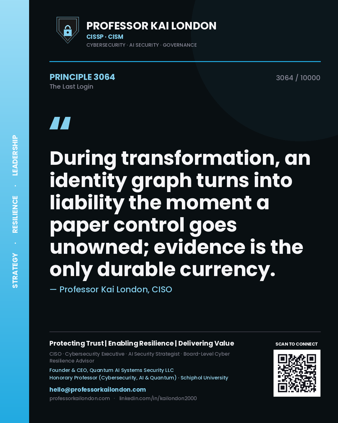 Quote card by Professor Kai London reading 'During transformation, an identity graph turns into liability the moment a paper control goes unowned; evidence is the only durable currency.'. From the book The Last Login.