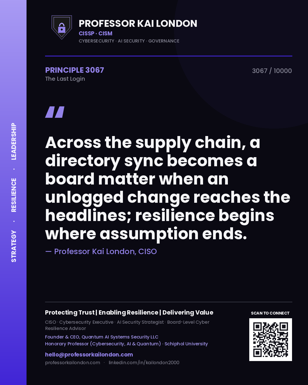 Quote card by Professor Kai London reading 'Across the supply chain, a directory sync becomes a board matter when an unlogged change reaches the headlines; resilience begins where assumption ends.'. From the book The Last Login.