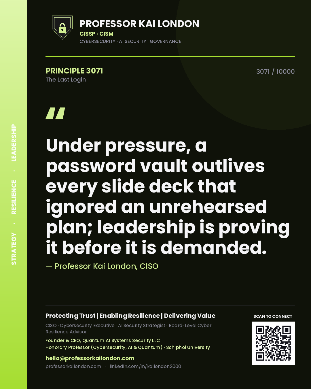 Quote card by Professor Kai London reading 'Under pressure, a password vault outlives every slide deck that ignored an unrehearsed plan; leadership is proving it before it is demanded.'. From the book The Last Login.