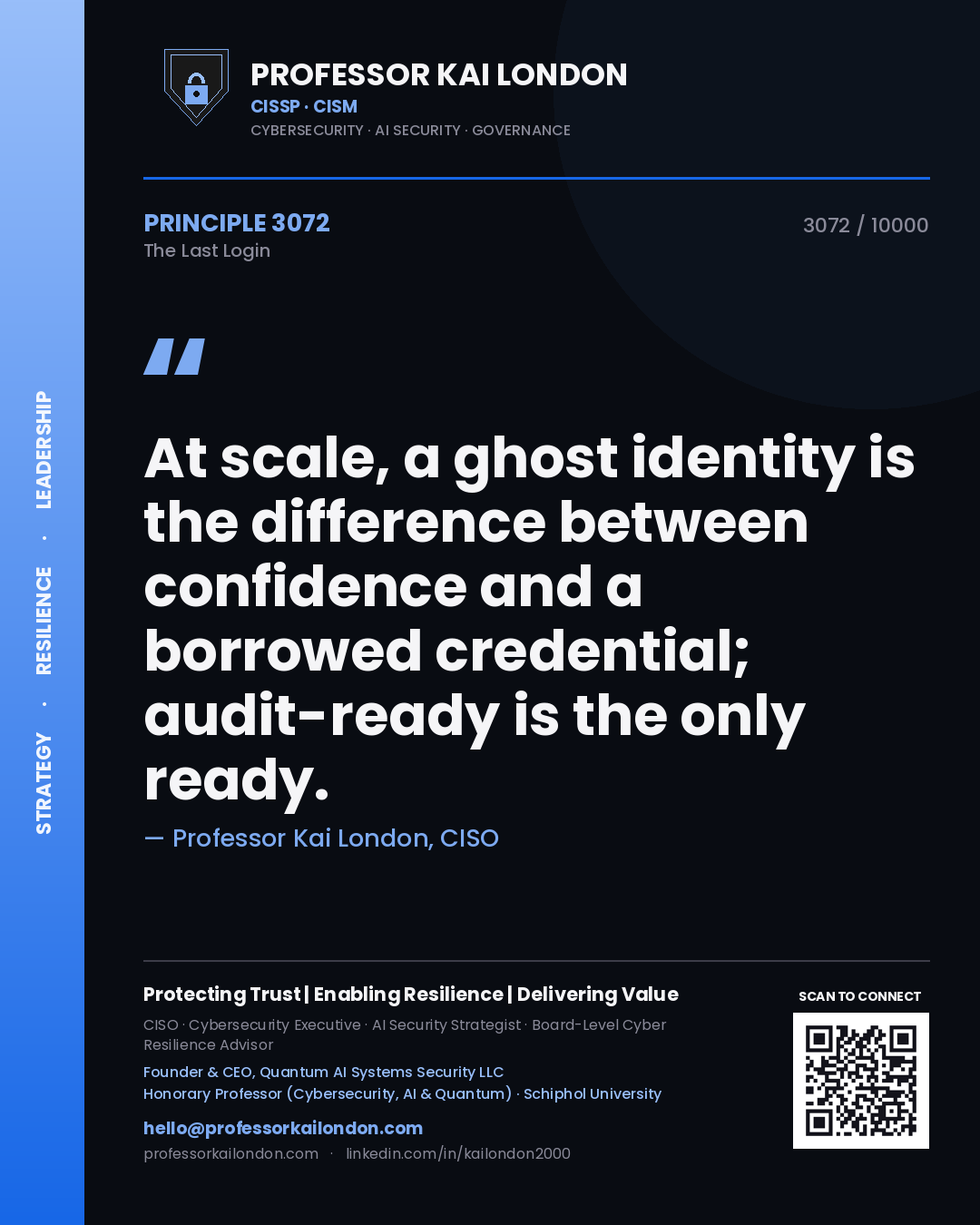 Quote card by Professor Kai London reading 'At scale, a ghost identity is the difference between confidence and a borrowed credential; audit-ready is the only ready.'. From the book The Last Login.