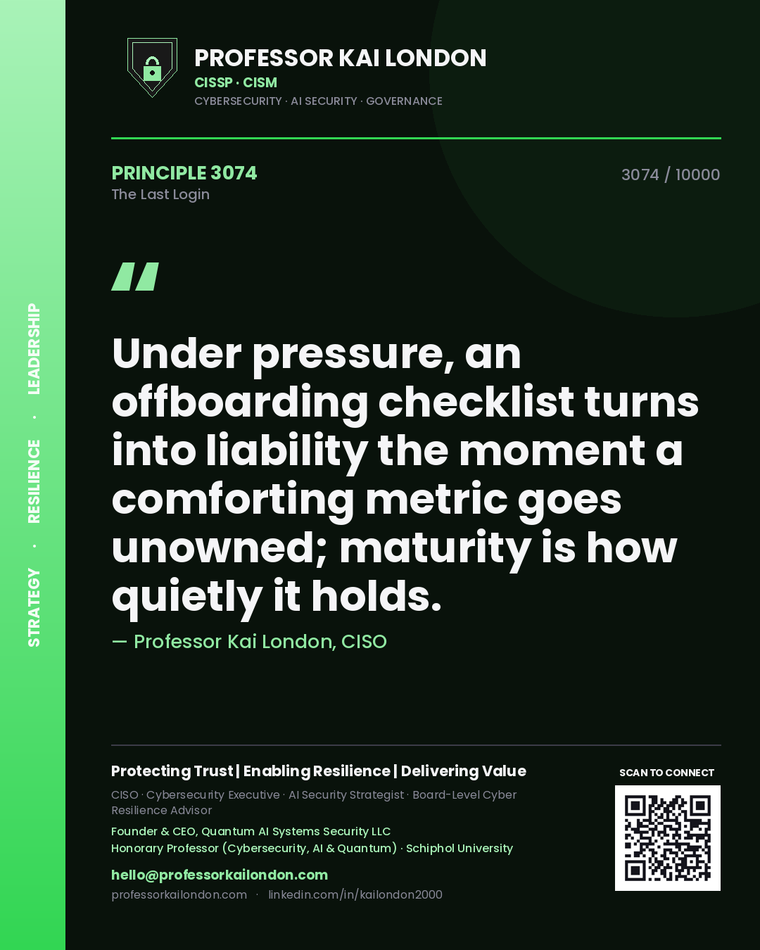 Quote card by Professor Kai London reading 'Under pressure, an offboarding checklist turns into liability the moment a comforting metric goes unowned; maturity is how quietly it holds.'. From the book The Last Login.