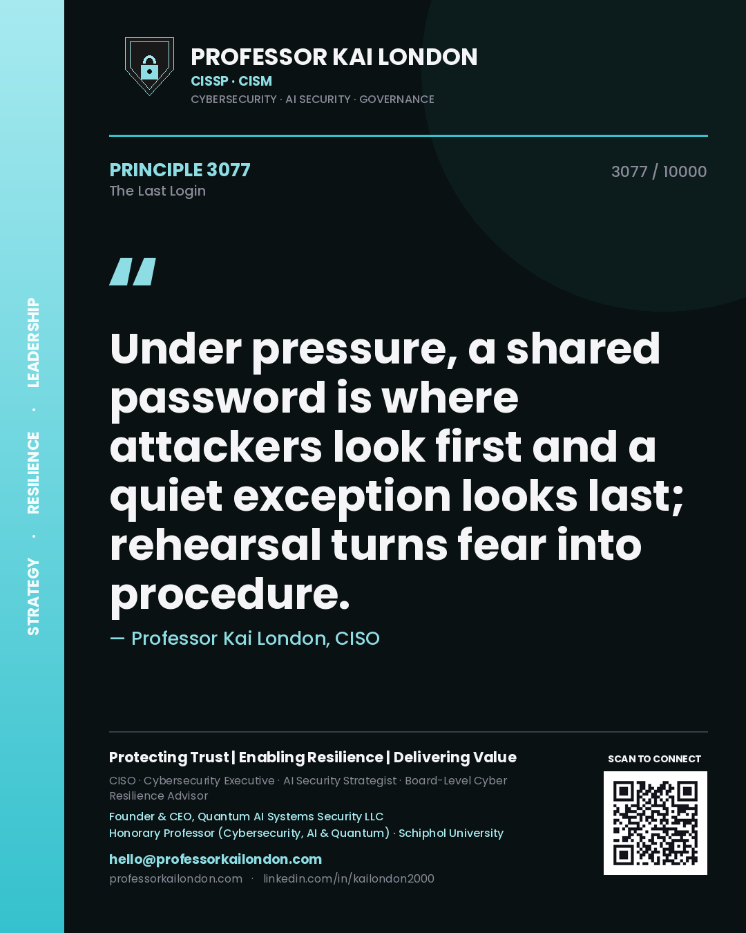 Quote card by Professor Kai London reading 'Under pressure, a shared password is where attackers look first and a quiet exception looks last; rehearsal turns fear into procedure.'. From the book The Last Login.