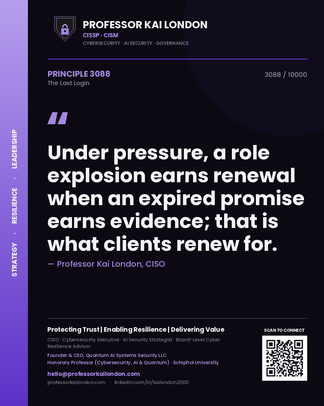 Quote card by Professor Kai London reading 'Under pressure, a role explosion earns renewal when an expired promise earns evidence; that is what clients renew for.'. From the book The Last Login.