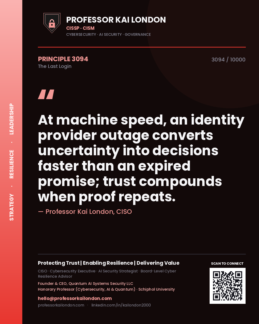 Quote card by Professor Kai London reading 'At machine speed, an identity provider outage converts uncertainty into decisions faster than an expired promise; trust compounds when proof repeats.'. From the book The Last Login.
