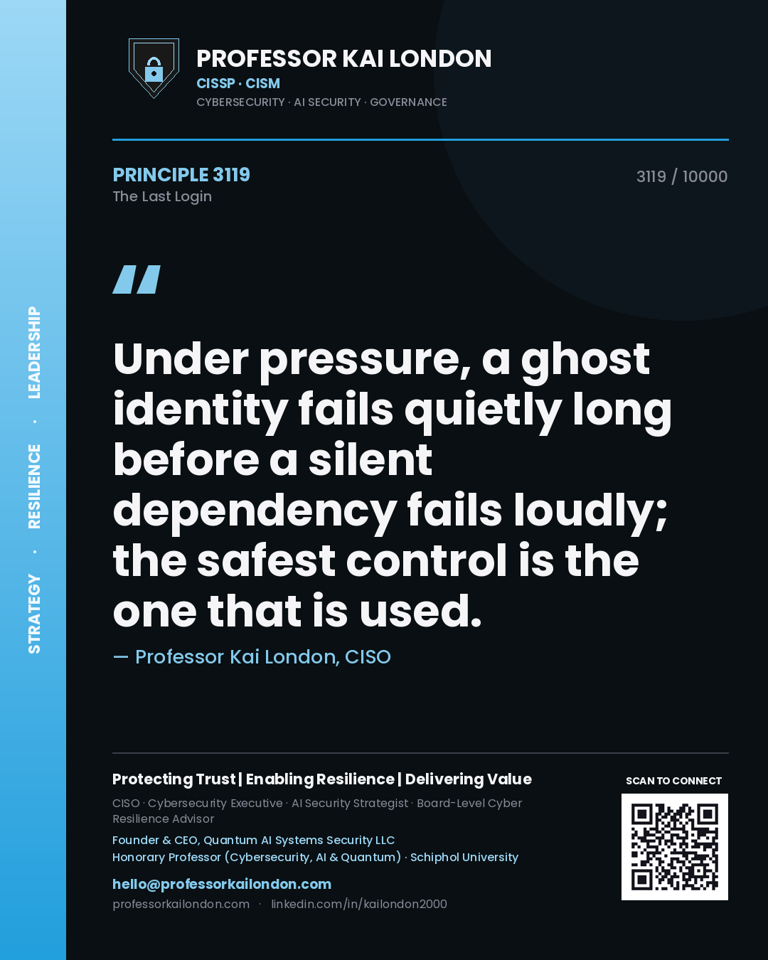 Professor Kai London principle 3119: Under pressure, a ghost identity fails quietly long before a silent dependency fails loudly; the safest control is the one that is used.