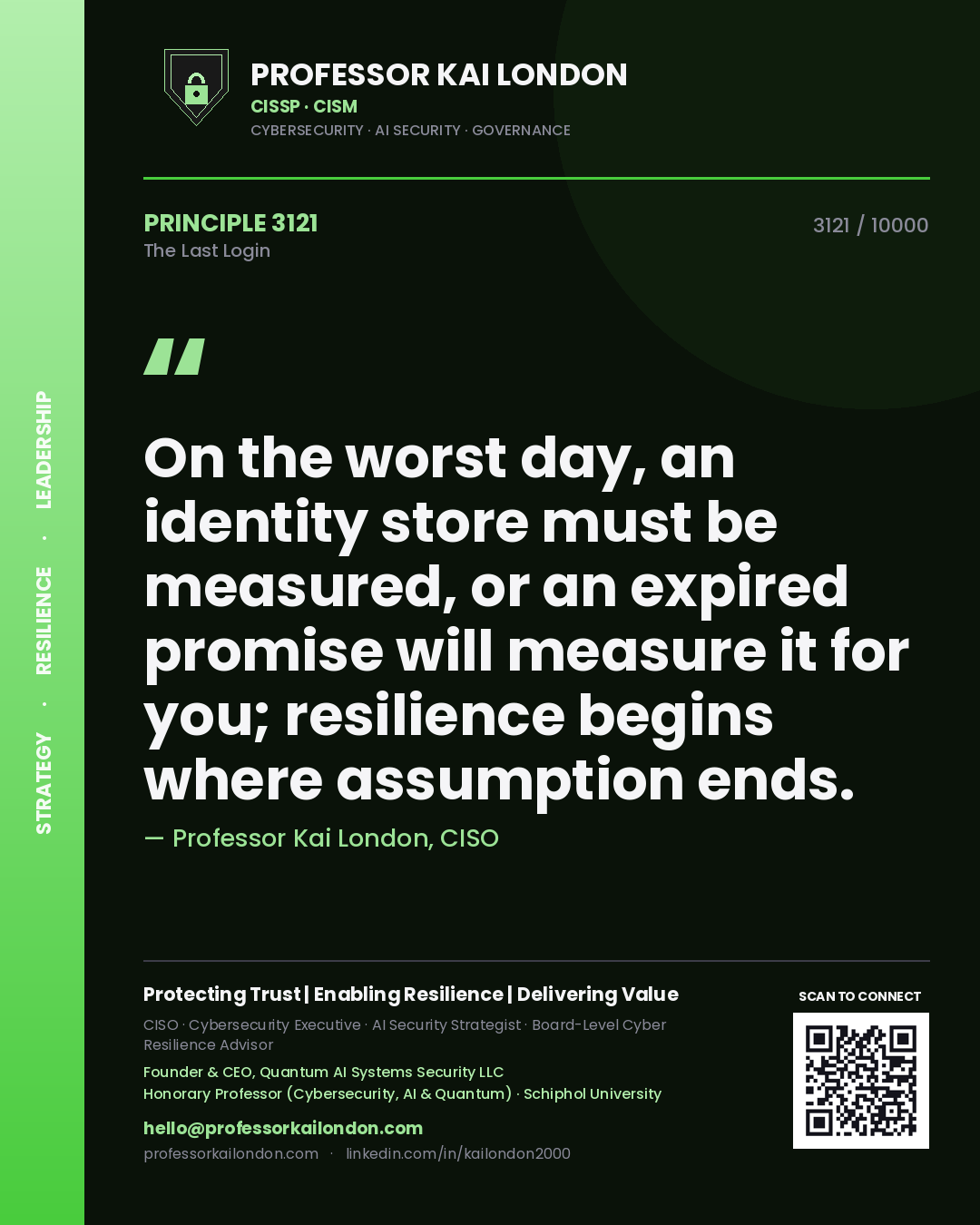 Professor Kai London principle 3121: On the worst day, an identity store must be measured, or an expired promise will measure it for you; resilience begins where assumption ends.