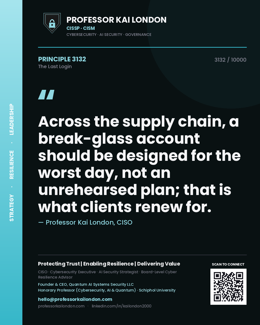 Quote card by Professor Kai London reading 'Across the supply chain, a break-glass account should be designed for the worst day, not an unrehearsed plan; that is what clients renew for.'. From the book The Last Login.