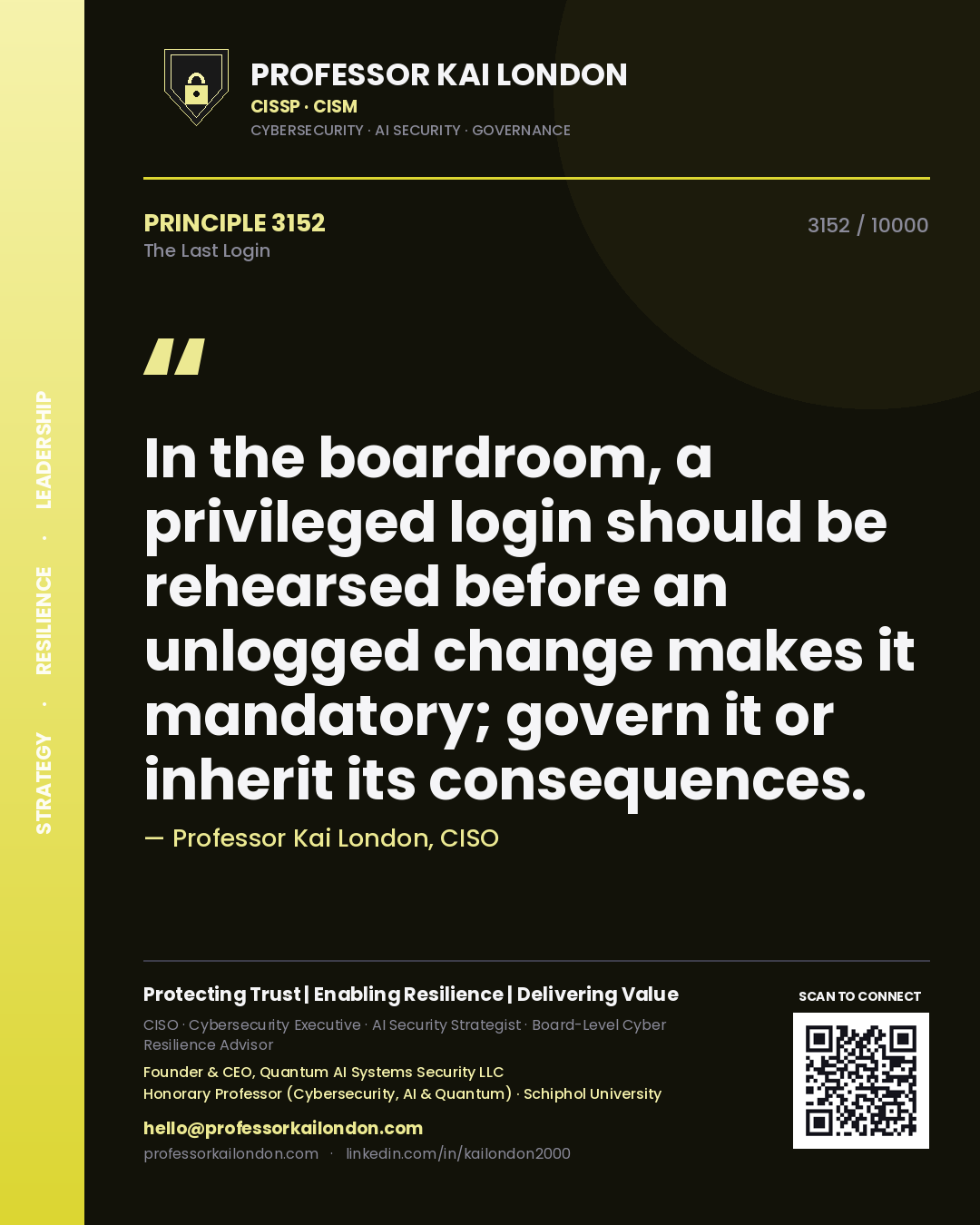 Professor Kai London principle 3152: In the boardroom, a privileged login should be rehearsed before an unlogged change makes it mandatory; govern it or inherit its consequences.
