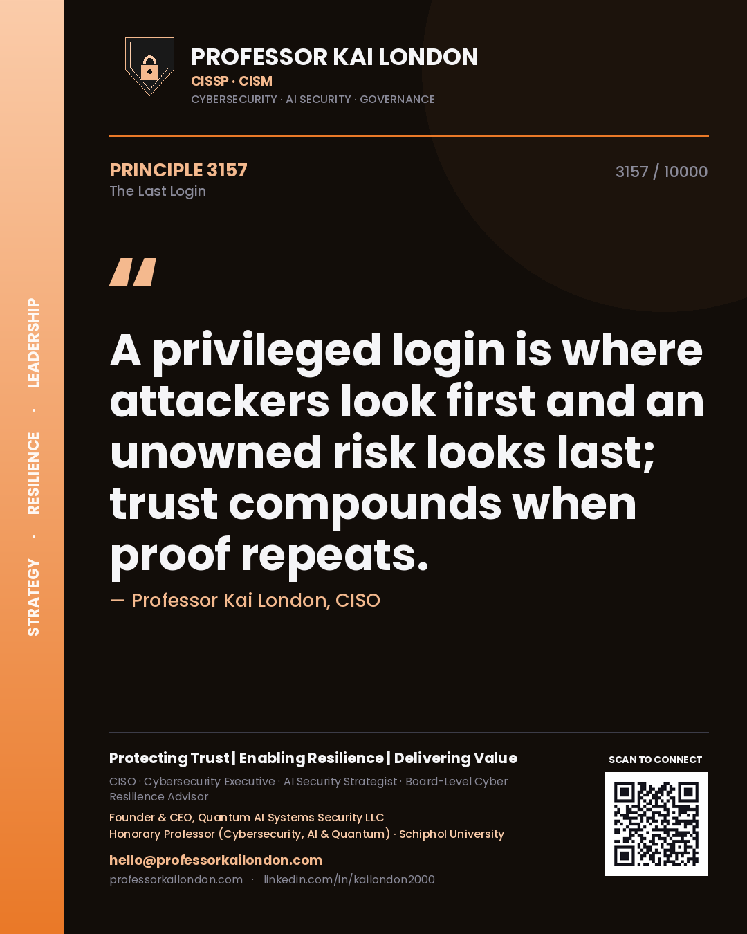 Quote card by Professor Kai London reading 'A privileged login is where attackers look first and an unowned risk looks last; trust compounds when proof repeats.'. From the book The Last Login.