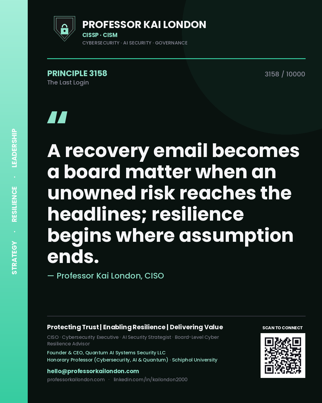 Professor Kai London principle 3158: A recovery email becomes a board matter when an unowned risk reaches the headlines; resilience begins where assumption ends.