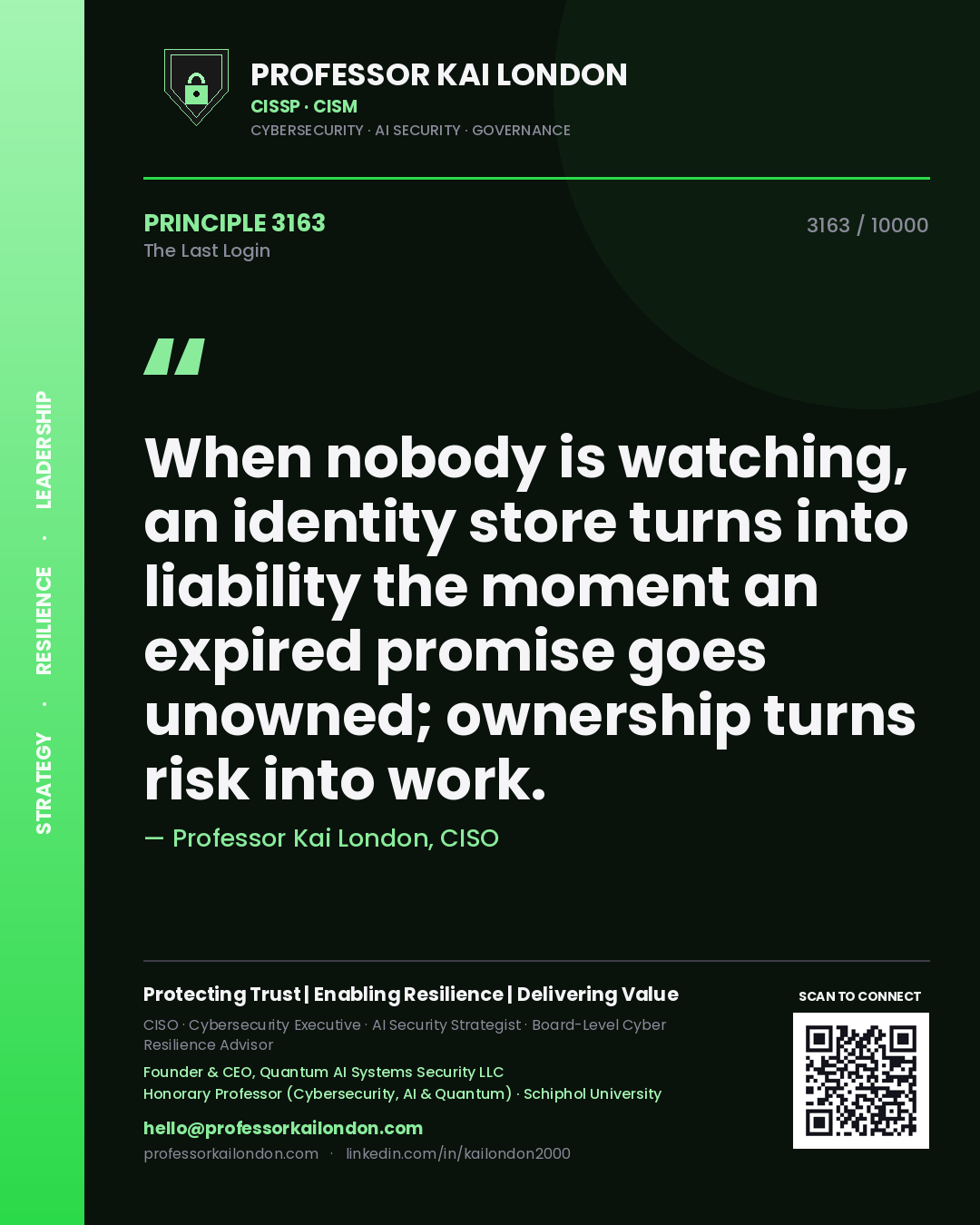 Professor Kai London principle 3163: When nobody is watching, an identity store turns into liability the moment an expired promise goes unowned; ownership turns risk into work.