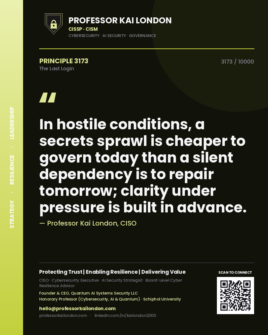 Quote card by Professor Kai London reading 'In hostile conditions, a secrets sprawl is cheaper to govern today than a silent dependency is to repair tomorrow; clarity under pressure is built in advance.'. From the book The Last Login.