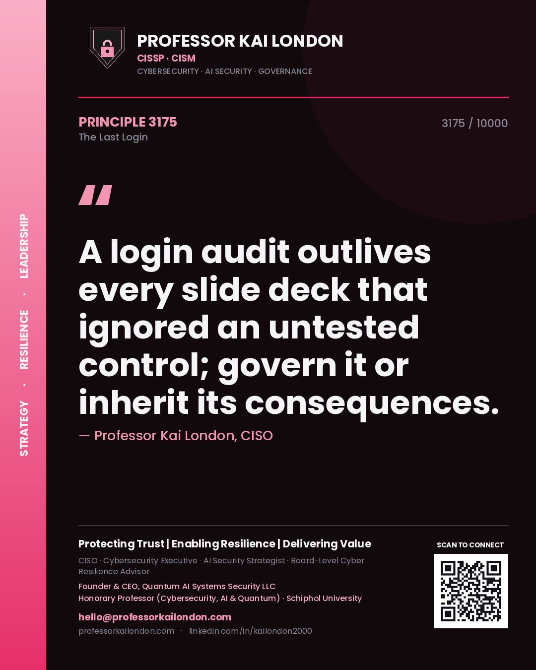 Quote card by Professor Kai London reading 'A login audit outlives every slide deck that ignored an untested control; govern it or inherit its consequences.'. From the book The Last Login.