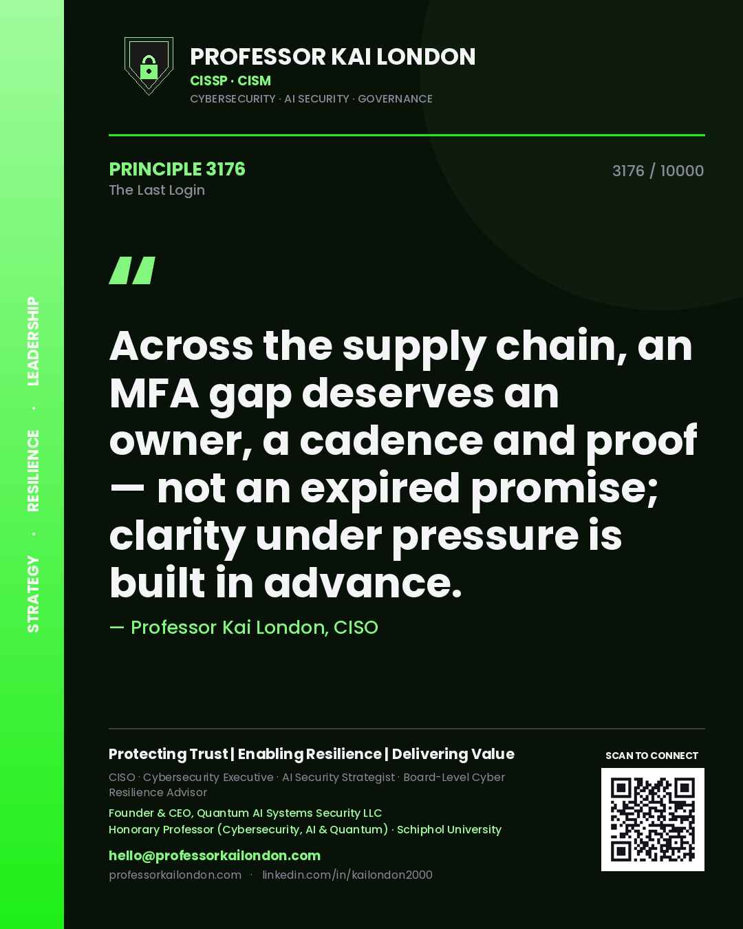 Quote card by Professor Kai London reading 'Across the supply chain, an MFA gap deserves an owner, a cadence and proof — not an expired promise; clarity under pressure is built in advance.'. From the book The Last Login.