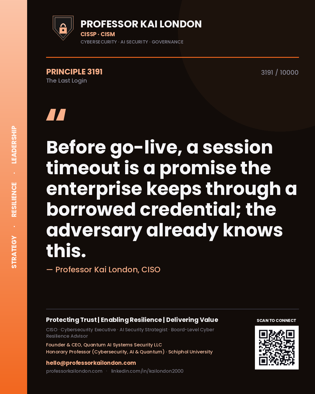 Professor Kai London principle 3191: Before go-live, a session timeout is a promise the enterprise keeps through a borrowed credential; the adversary already knows this.