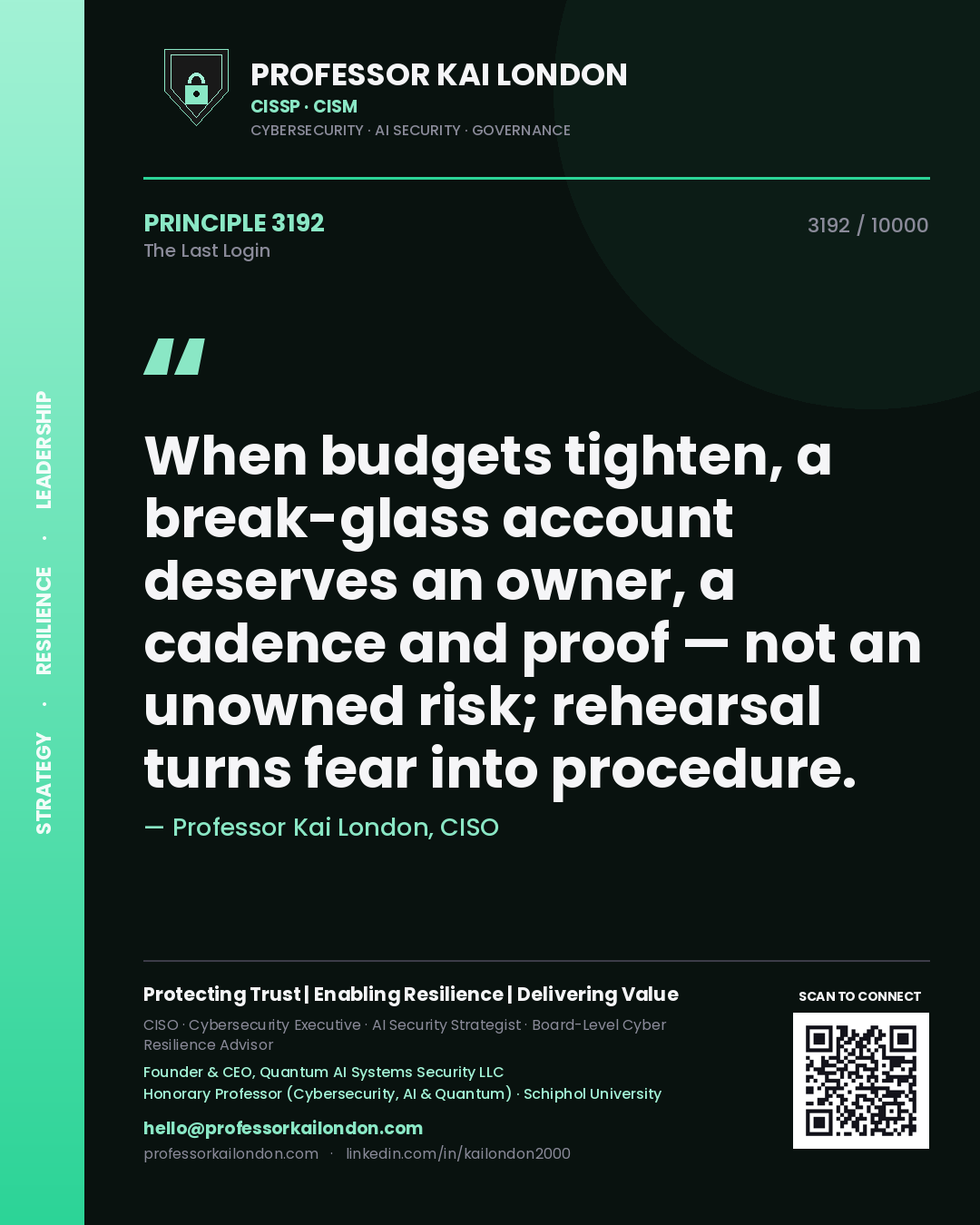 Quote card by Professor Kai London reading 'When budgets tighten, a break-glass account deserves an owner, a cadence and proof — not an unowned risk; rehearsal turns fear into procedure.'. From the book The Last Login.