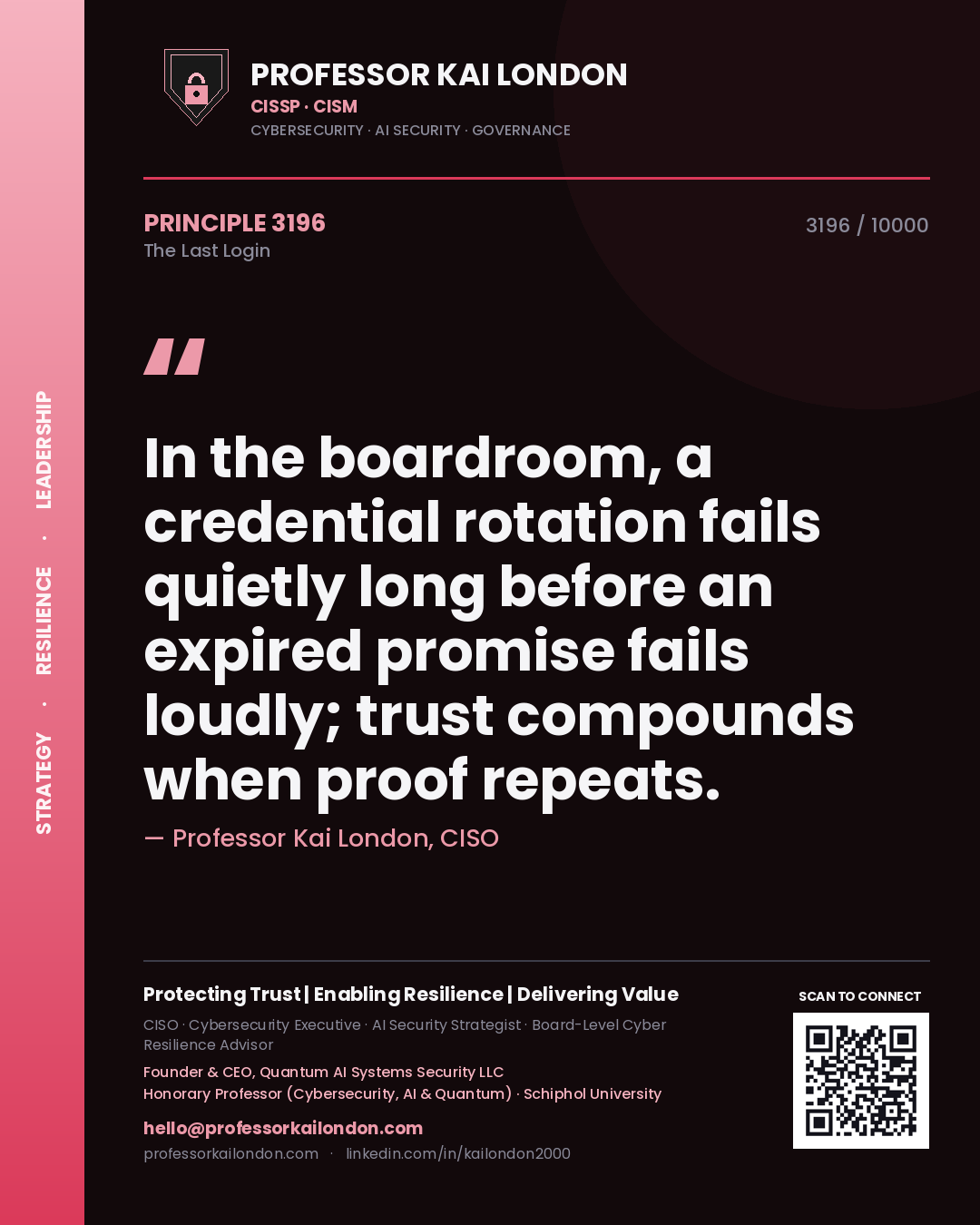 Quote card by Professor Kai London reading 'In the boardroom, a credential rotation fails quietly long before an expired promise fails loudly; trust compounds when proof repeats.'. From the book The Last Login.