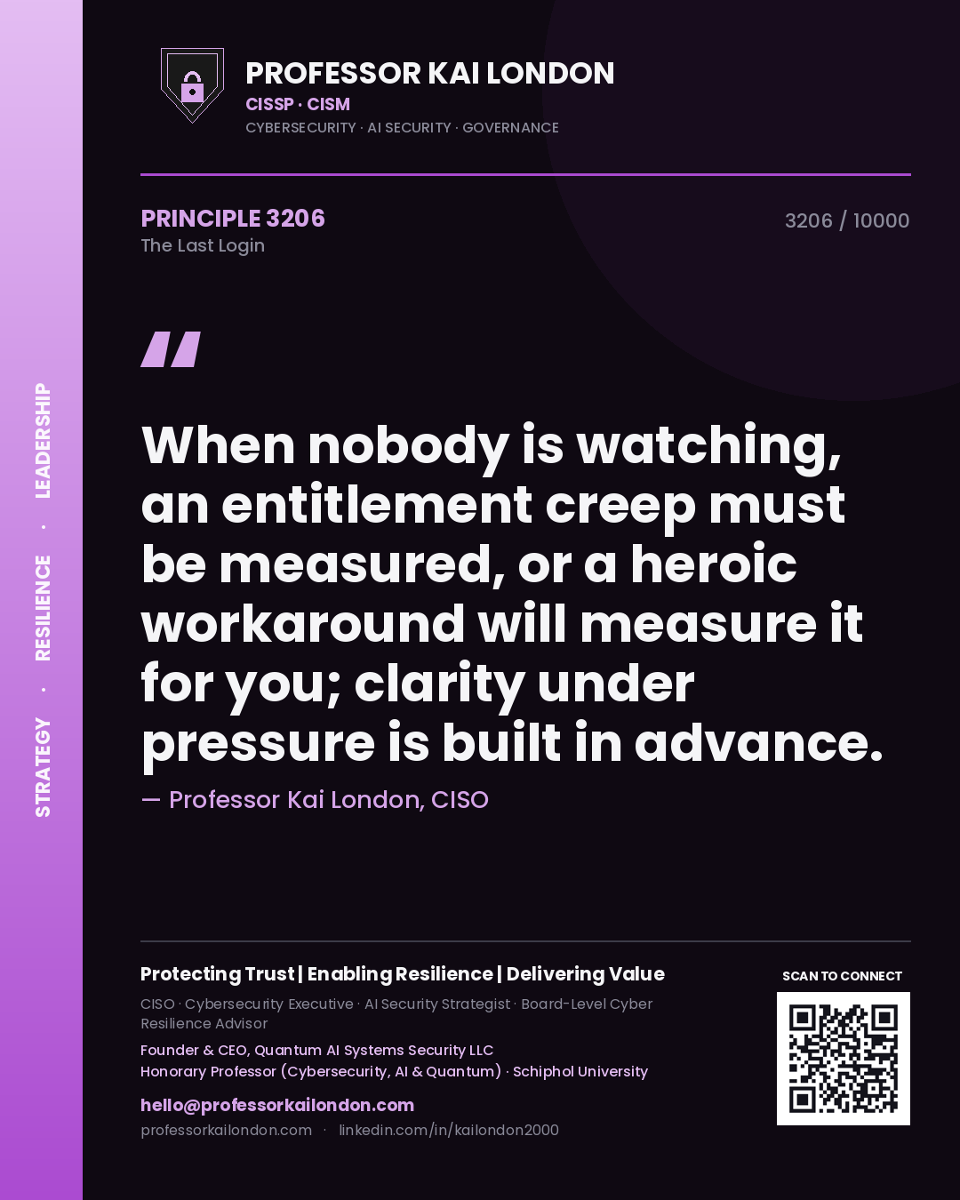 Professor Kai London principle 3206: When nobody is watching, an entitlement creep must be measured, or a heroic workaround will measure it for you; clarity under pressure is built in advance.
