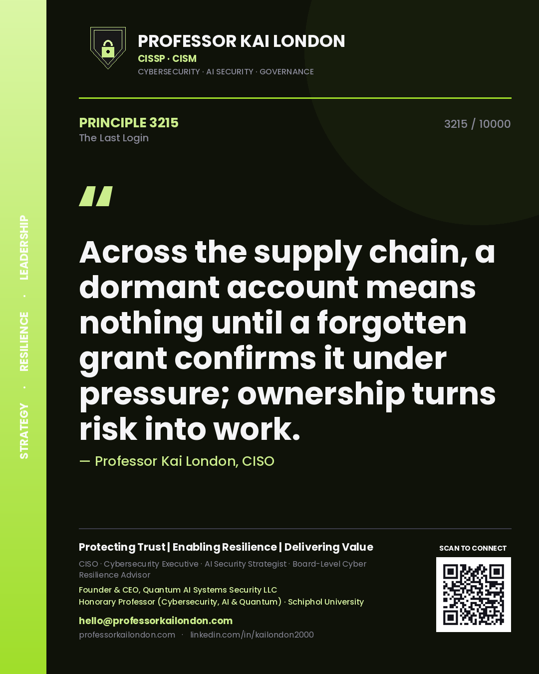 Quote card by Professor Kai London reading 'Across the supply chain, a dormant account means nothing until a forgotten grant confirms it under pressure; ownership turns risk into work.'. From the book The Last Login.