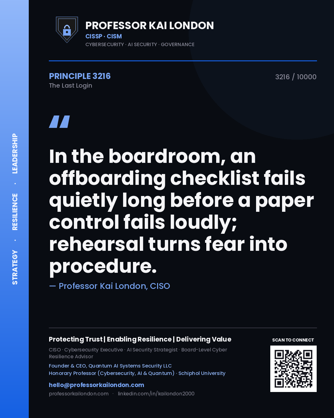 Professor Kai London principle 3216: In the boardroom, an offboarding checklist fails quietly long before a paper control fails loudly; rehearsal turns fear into procedure.