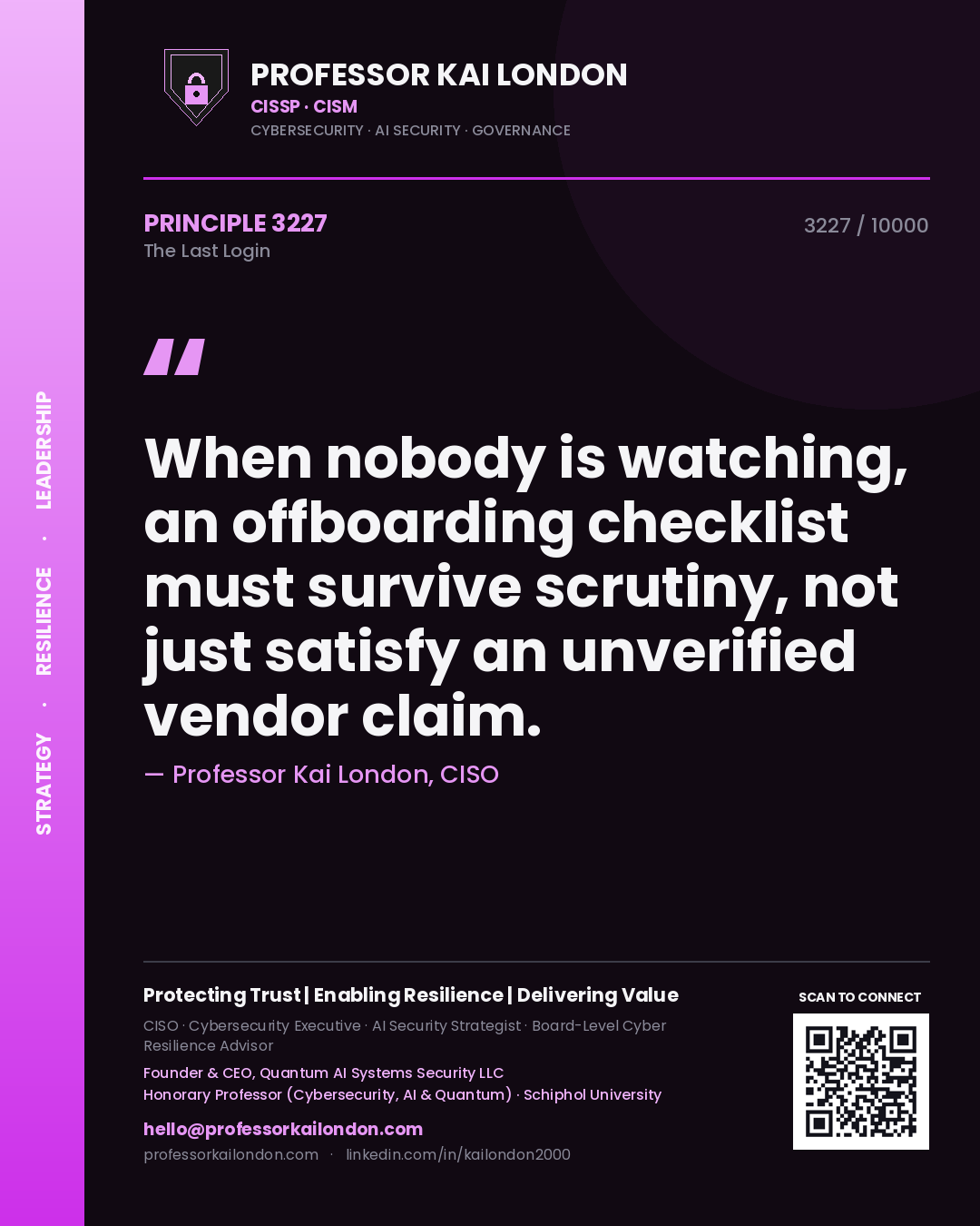 Quote card by Professor Kai London reading 'When nobody is watching, an offboarding checklist must survive scrutiny, not just satisfy an unverified vendor claim.'. From the book The Last Login.