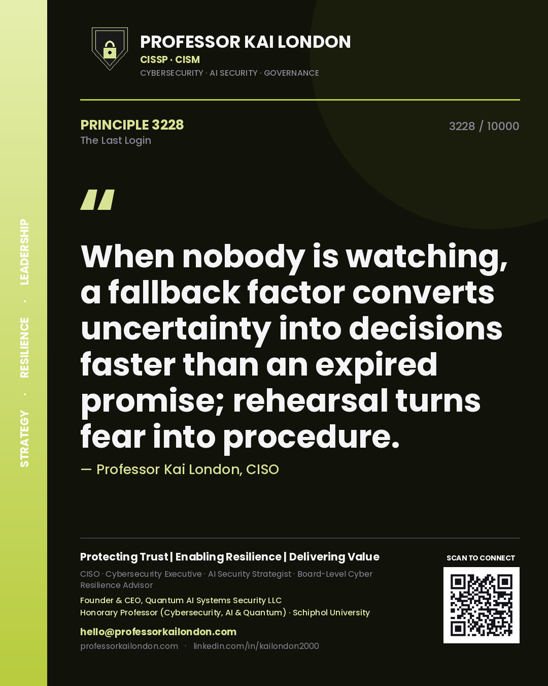 Quote card by Professor Kai London reading 'When nobody is watching, a fallback factor converts uncertainty into decisions faster than an expired promise; rehearsal turns fear into procedure.'. From the book The Last Login.