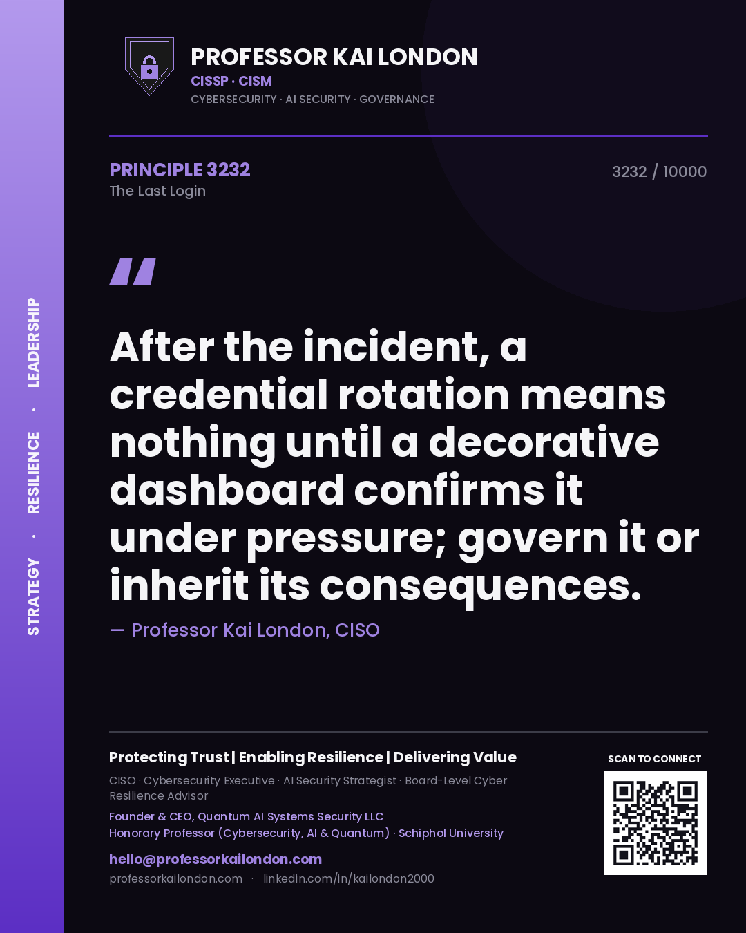 Professor Kai London principle 3232: After the incident, a credential rotation means nothing until a decorative dashboard confirms it under pressure; govern it or inherit its consequences.
