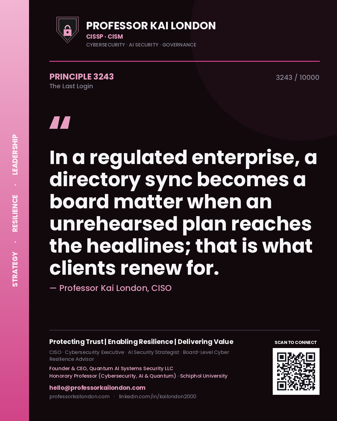 Professor Kai London principle 3243: In a regulated enterprise, a directory sync becomes a board matter when an unrehearsed plan reaches the headlines; that is what clients renew for.