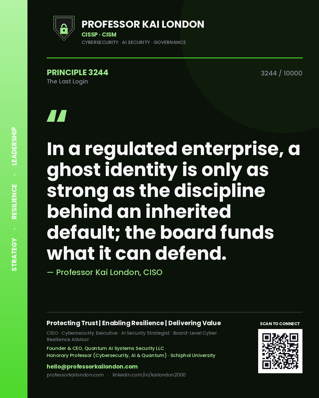 Quote card by Professor Kai London reading 'In a regulated enterprise, a ghost identity is only as strong as the discipline behind an inherited default; the board funds what it can defend.'. From the book The Last Login.