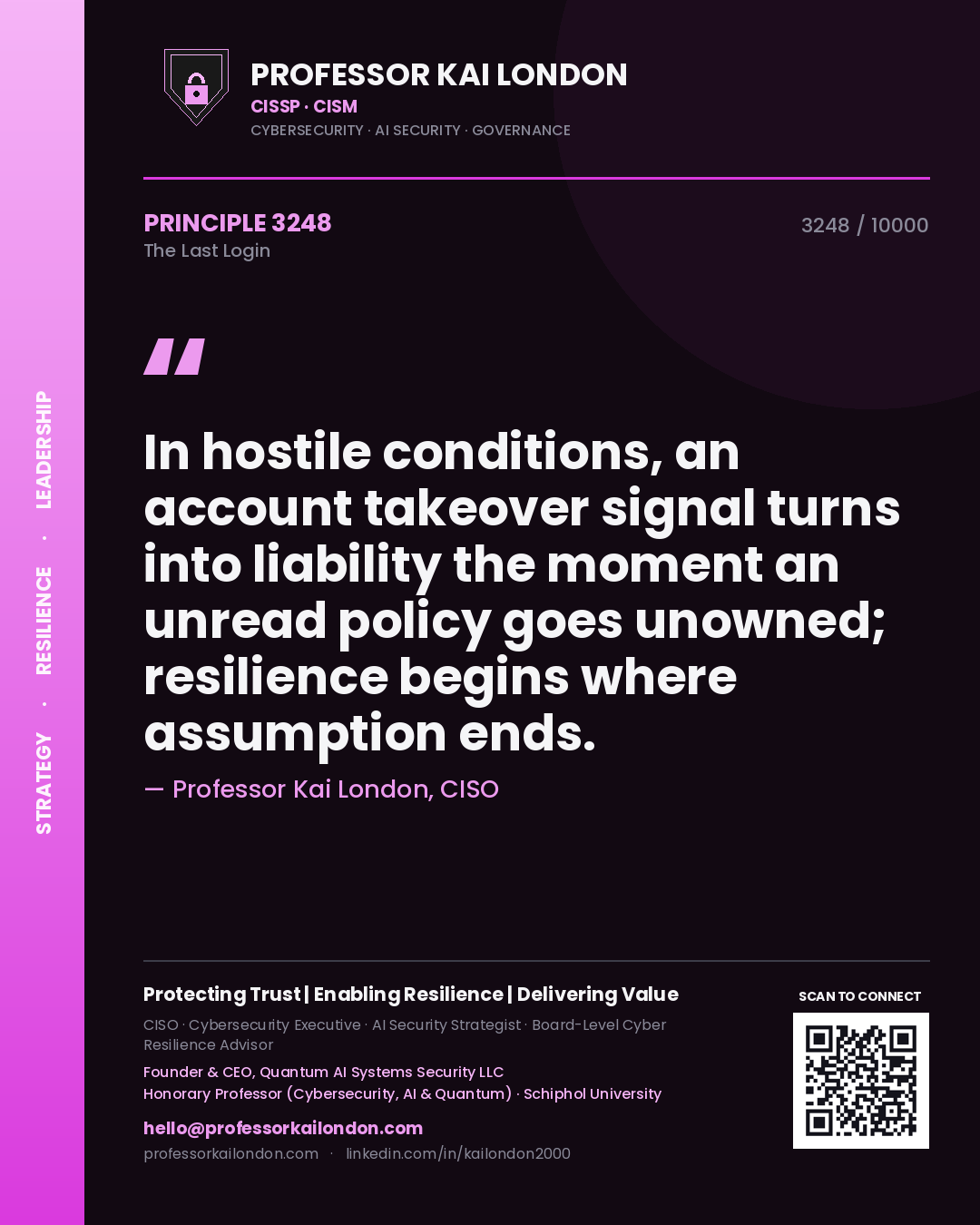 Professor Kai London principle 3248: In hostile conditions, an account takeover signal turns into liability the moment an unread policy goes unowned; resilience begins where assumption ends.