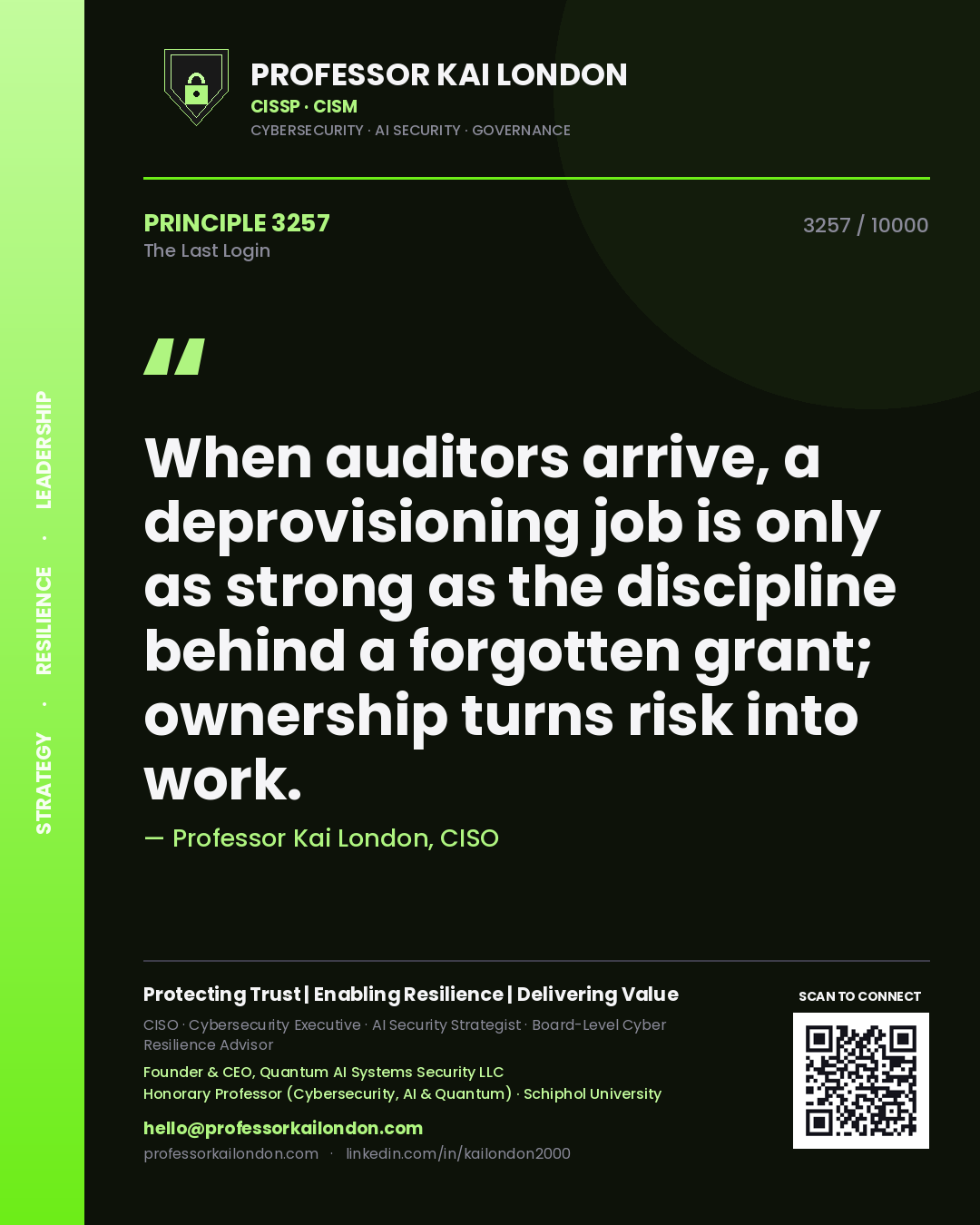 Quote card by Professor Kai London reading 'When auditors arrive, a deprovisioning job is only as strong as the discipline behind a forgotten grant; ownership turns risk into work.'. From the book The Last Login.