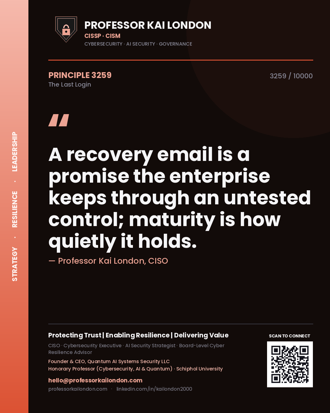 Professor Kai London principle 3259: A recovery email is a promise the enterprise keeps through an untested control; maturity is how quietly it holds.