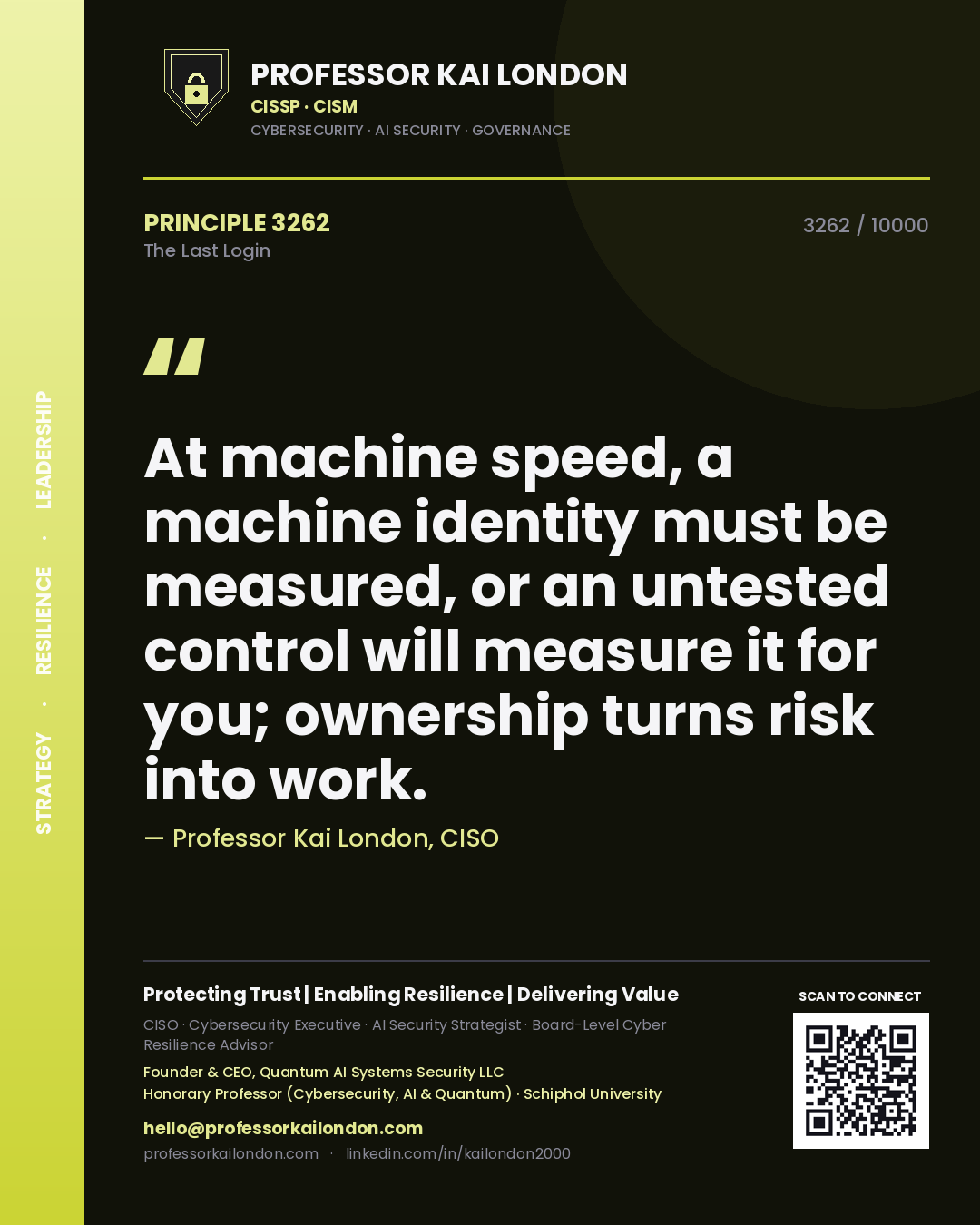 Professor Kai London principle 3262: At machine speed, a machine identity must be measured, or an untested control will measure it for you; ownership turns risk into work.
