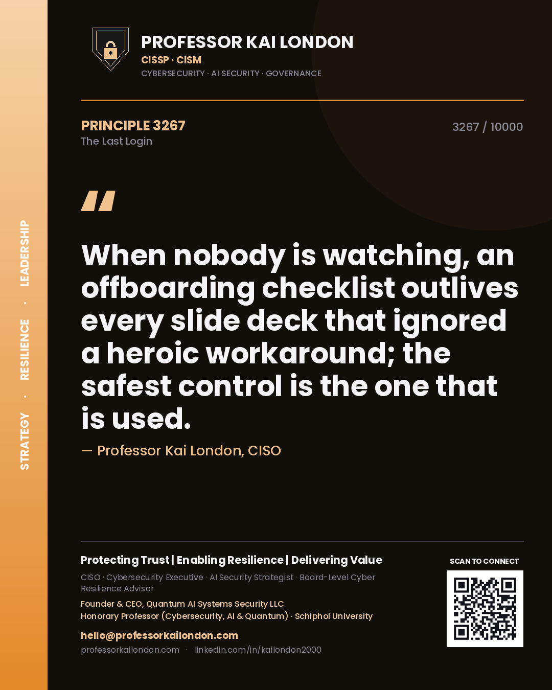 Quote card by Professor Kai London reading 'When nobody is watching, an offboarding checklist outlives every slide deck that ignored a heroic workaround; the safest control is the one that is used.'. From the book The Last Login.