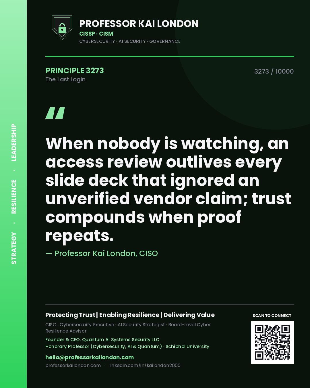 Quote card by Professor Kai London reading 'When nobody is watching, an access review outlives every slide deck that ignored an unverified vendor claim; trust compounds when proof repeats.'. From the book The Last Login.