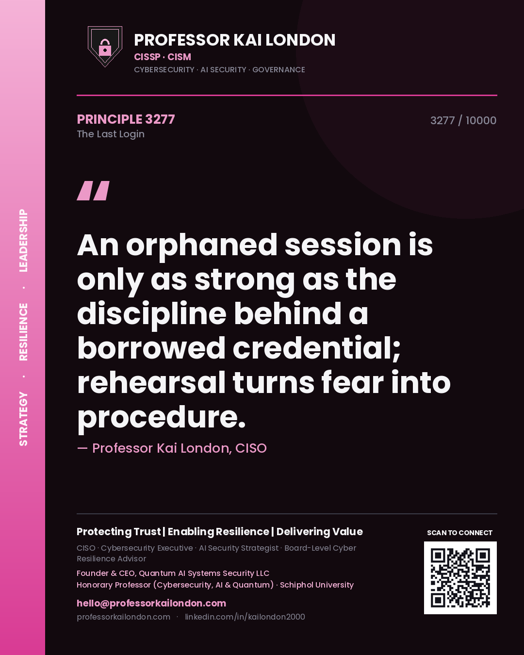 Quote card by Professor Kai London reading 'An orphaned session is only as strong as the discipline behind a borrowed credential; rehearsal turns fear into procedure.'. From the book The Last Login.