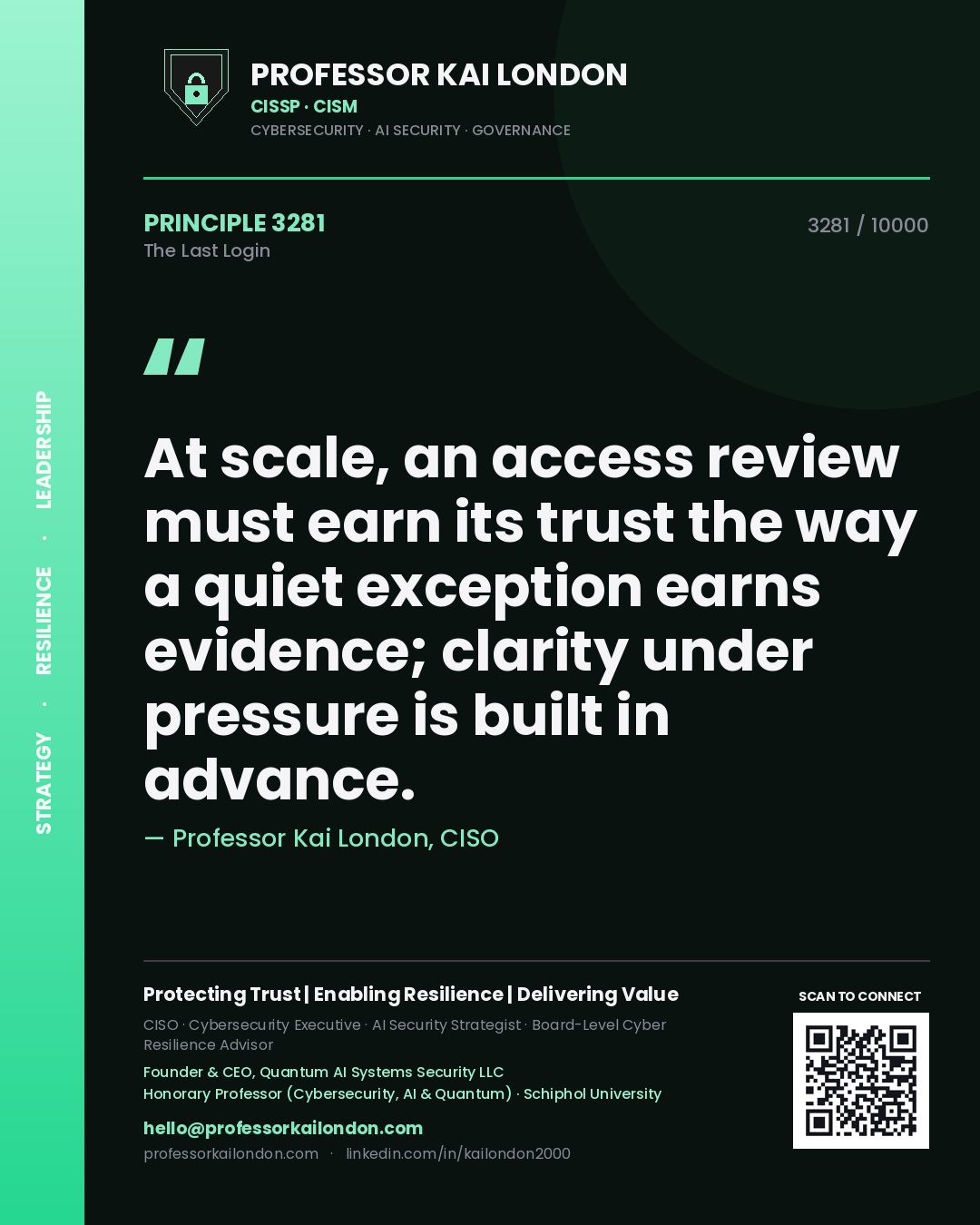 Quote card by Professor Kai London reading 'At scale, an access review must earn its trust the way a quiet exception earns evidence; clarity under pressure is built in advance.'. From the book The Last Login.