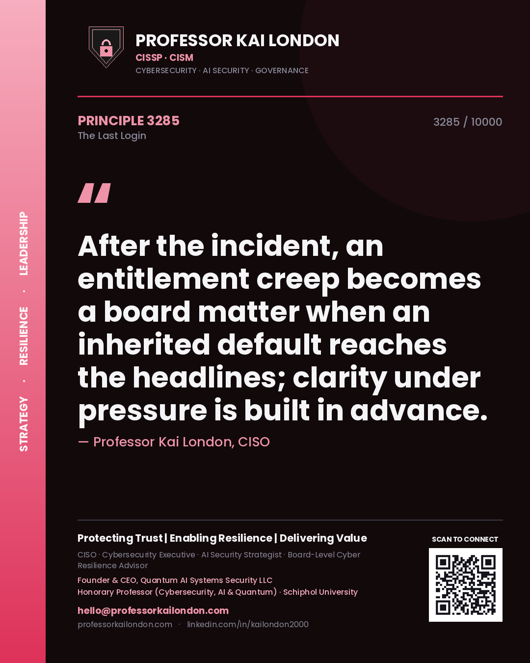 Quote card by Professor Kai London reading 'After the incident, an entitlement creep becomes a board matter when an inherited default reaches the headlines; clarity under pressure is built in advance.'. From the book The Last Login.