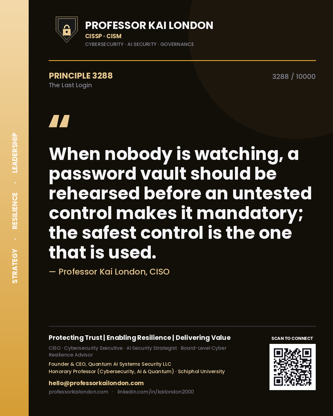 Quote card by Professor Kai London reading 'When nobody is watching, a password vault should be rehearsed before an untested control makes it mandatory; the safest control is the one that is used.'. From the book The Last Login.