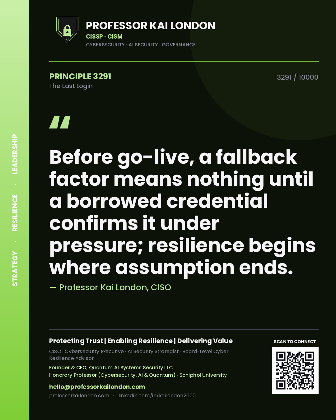 Professor Kai London principle 3291: Before go-live, a fallback factor means nothing until a borrowed credential confirms it under pressure; resilience begins where assumption ends.