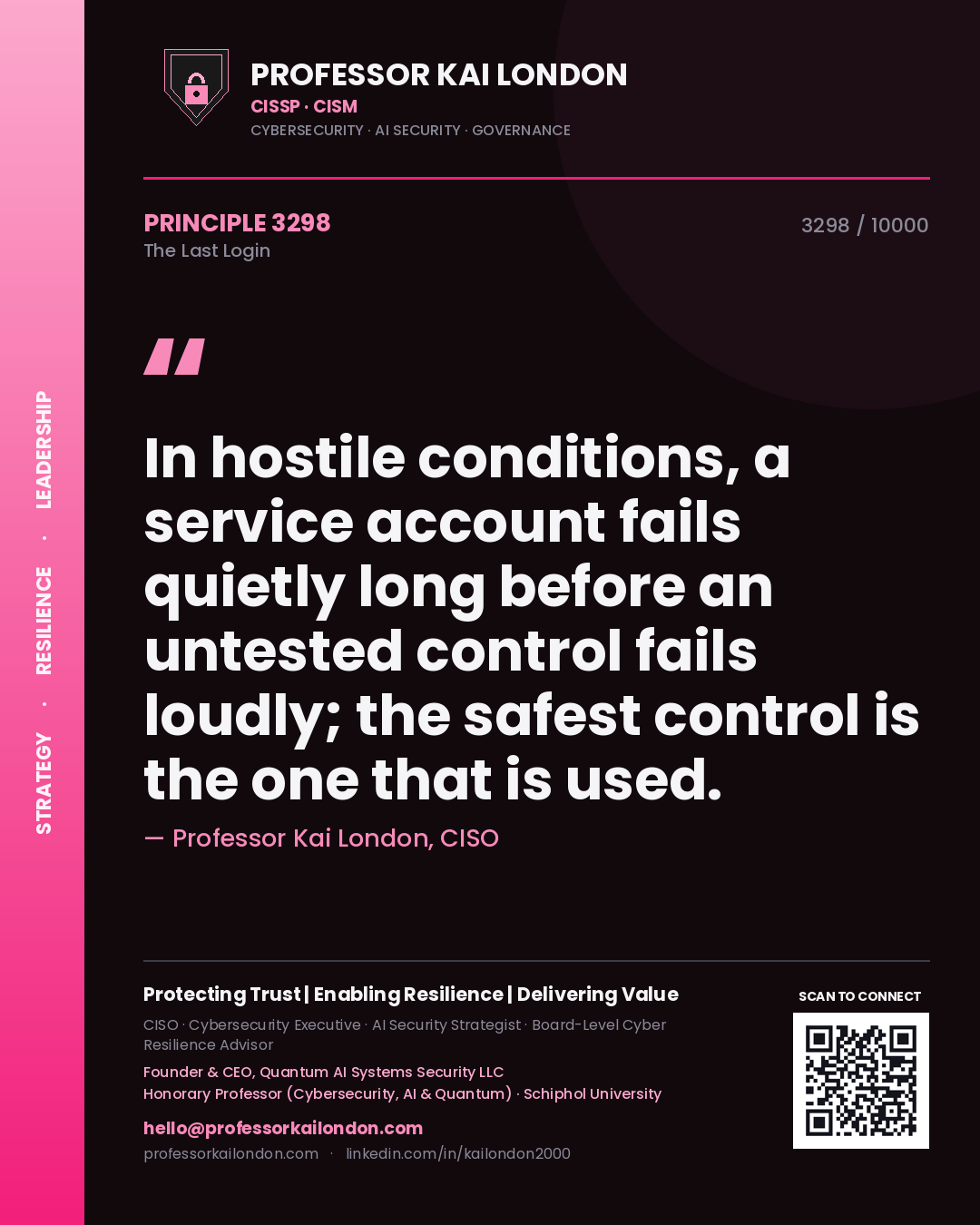 Quote card by Professor Kai London reading 'In hostile conditions, a service account fails quietly long before an untested control fails loudly; the safest control is the one that is used.'. From the book The Last Login.