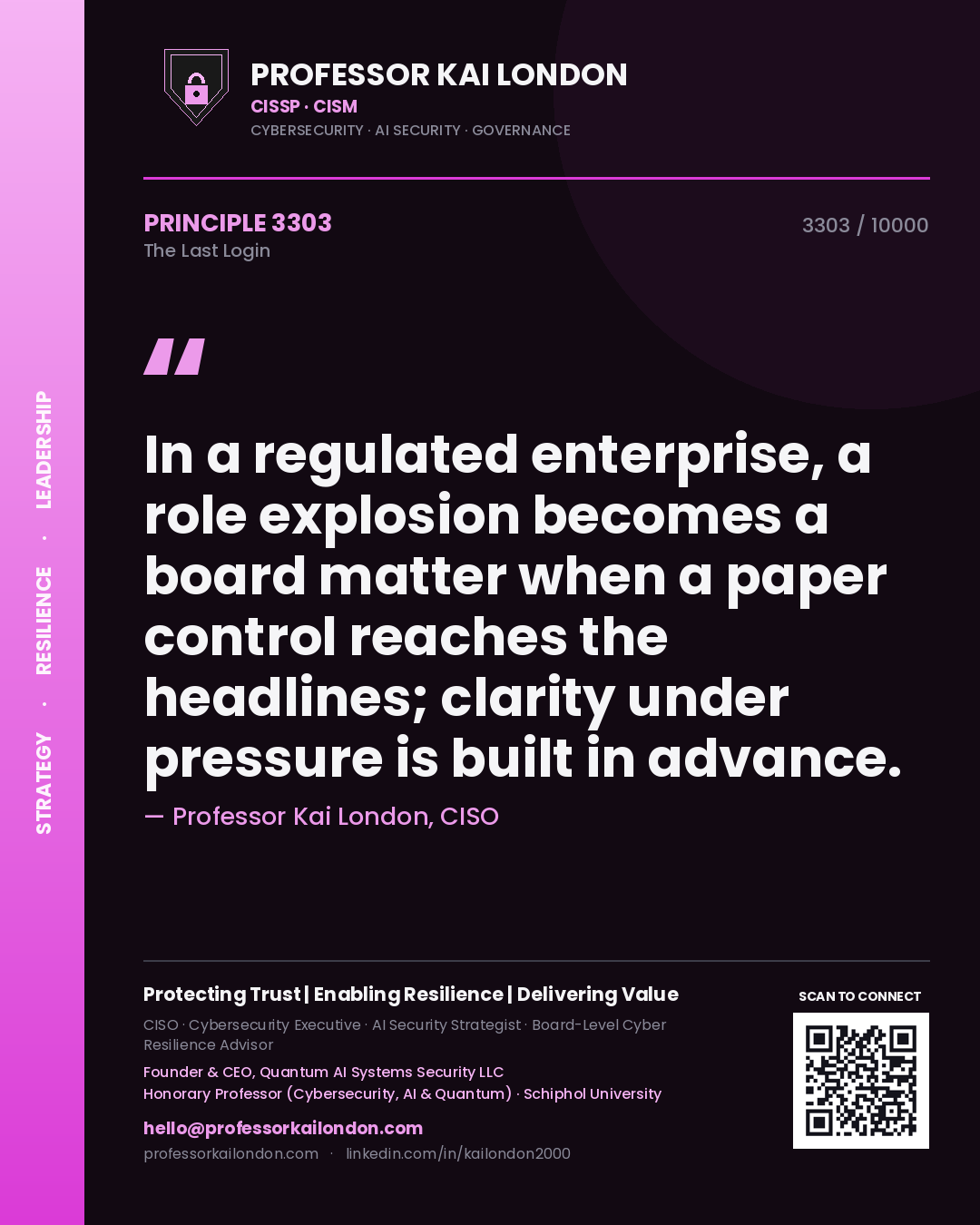 Quote card by Professor Kai London reading 'In a regulated enterprise, a role explosion becomes a board matter when a paper control reaches the headlines; clarity under pressure is built in advance.'. From the book The Last Login.