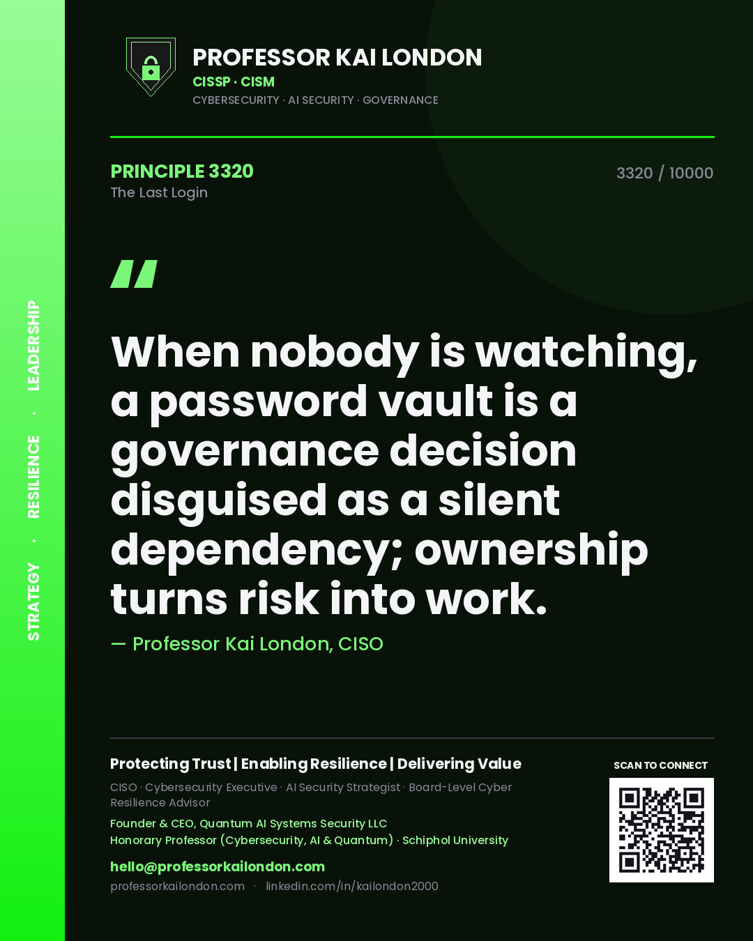 Quote card by Professor Kai London reading 'When nobody is watching, a password vault is a governance decision disguised as a silent dependency; ownership turns risk into work.'. From the book The Last Login.