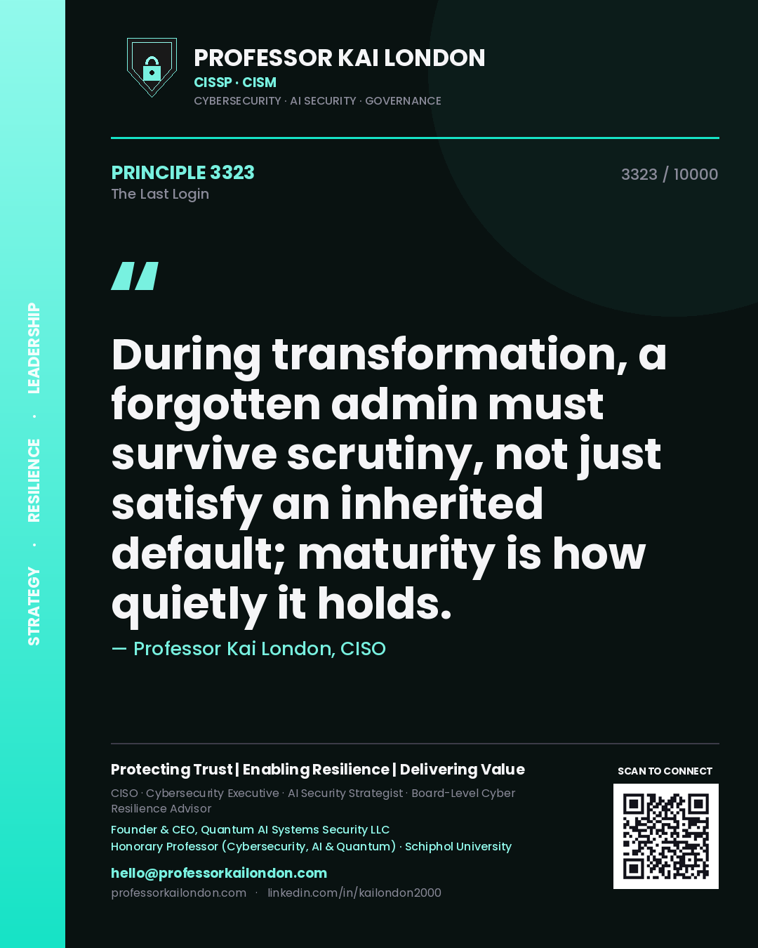 Quote card by Professor Kai London reading 'During transformation, a forgotten admin must survive scrutiny, not just satisfy an inherited default; maturity is how quietly it holds.'. From the book The Last Login.