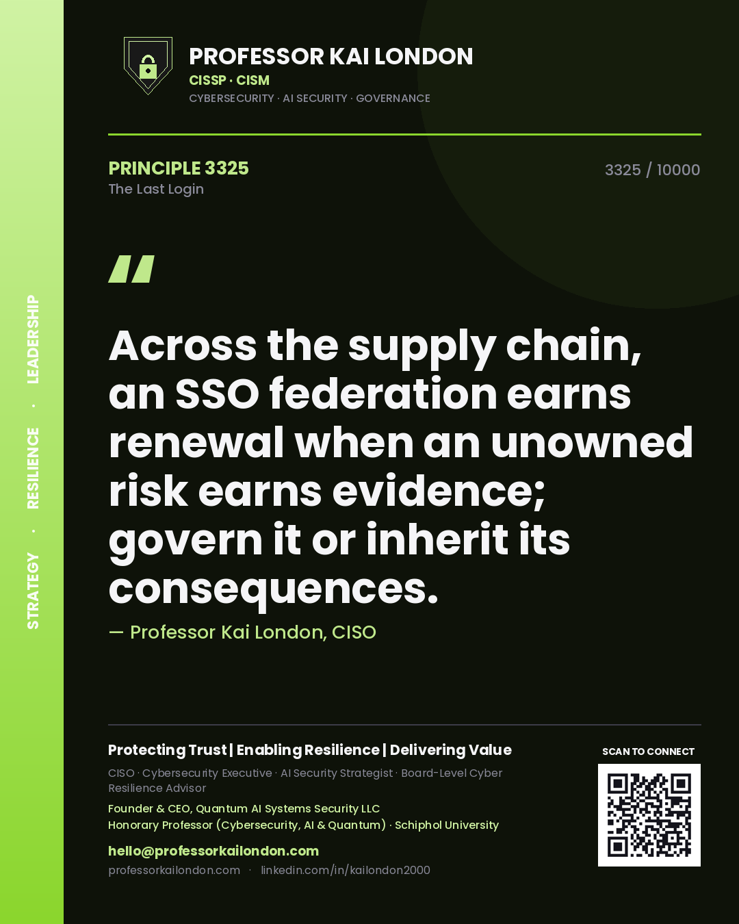 Professor Kai London principle 3325: Across the supply chain, an SSO federation earns renewal when an unowned risk earns evidence; govern it or inherit its consequences.