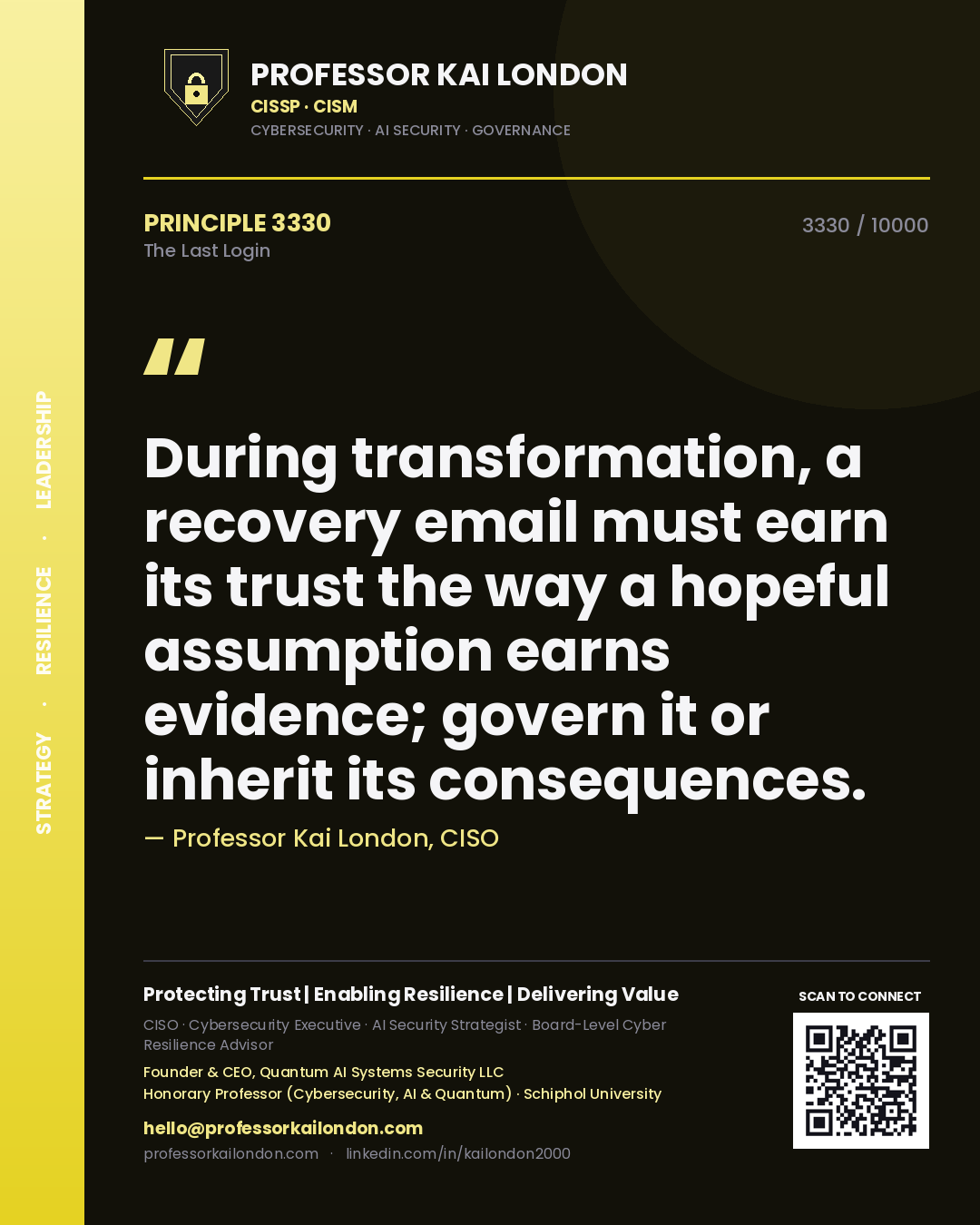 Professor Kai London principle 3330: During transformation, a recovery email must earn its trust the way a hopeful assumption earns evidence; govern it or inherit its consequences.