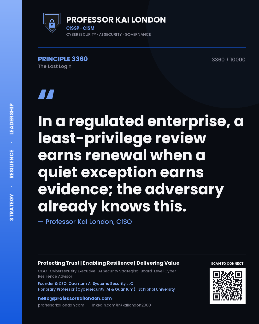 Quote card by Professor Kai London reading 'In a regulated enterprise, a least-privilege review earns renewal when a quiet exception earns evidence; the adversary already knows this.'. From the book The Last Login.